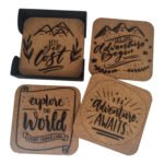 Camping themed cork coasters set of 6 with engraved outdoor adventure designs handmade in Australia