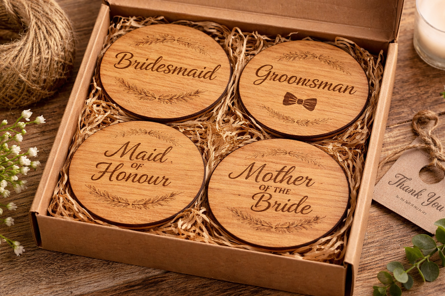 Personalised bridal party wooden coasters set featuring Bridesmaid Groomsman Maid of Honour and Mother of the Bride