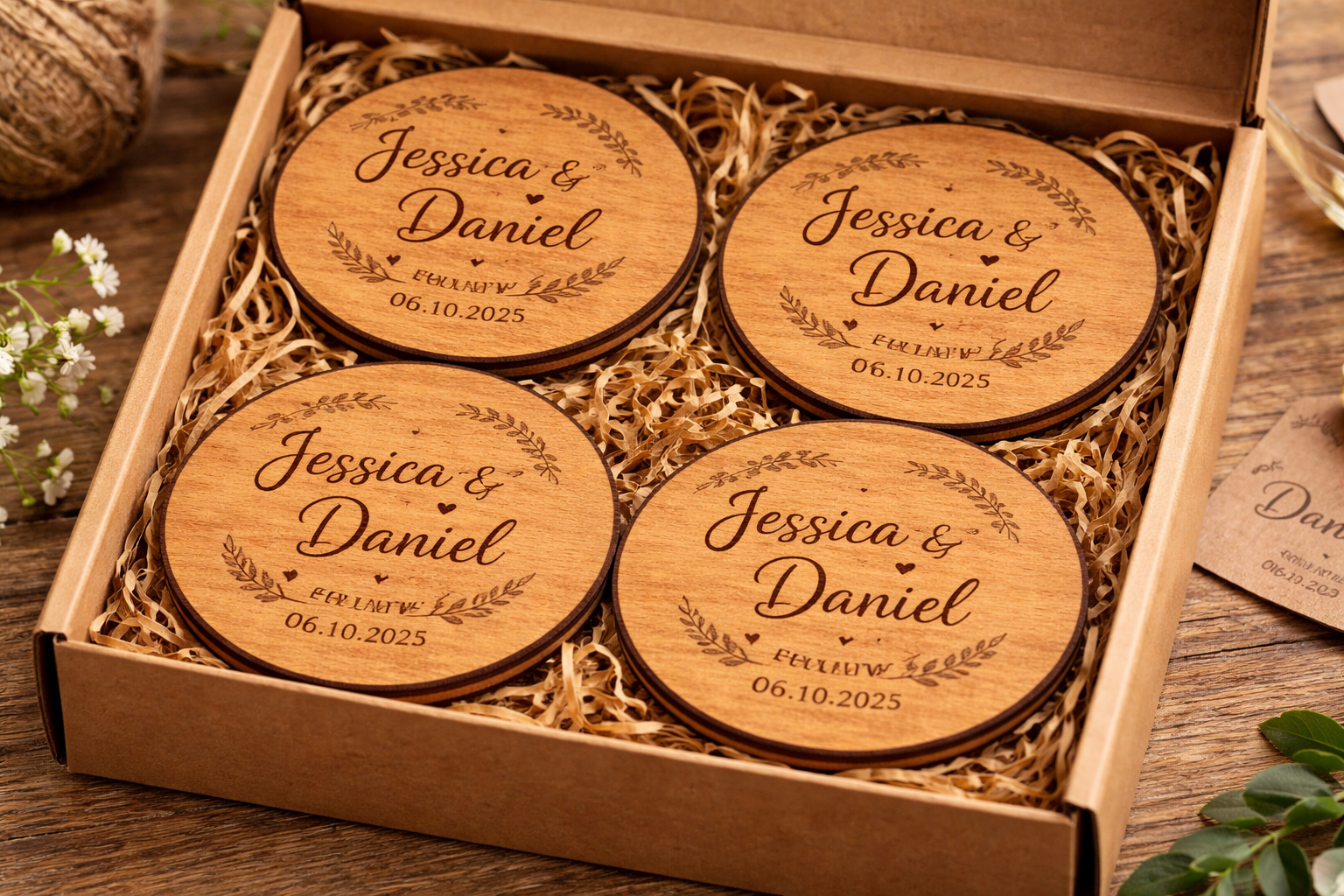 Rustic personalised wedding coasters in gift box with couple names and date
