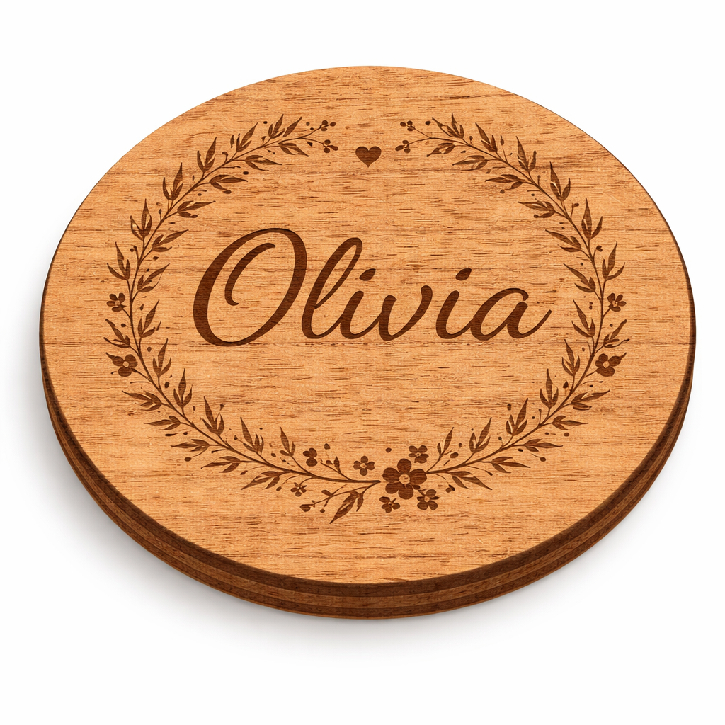 Custom engraved wooden coaster with single name Olivia in elegant script