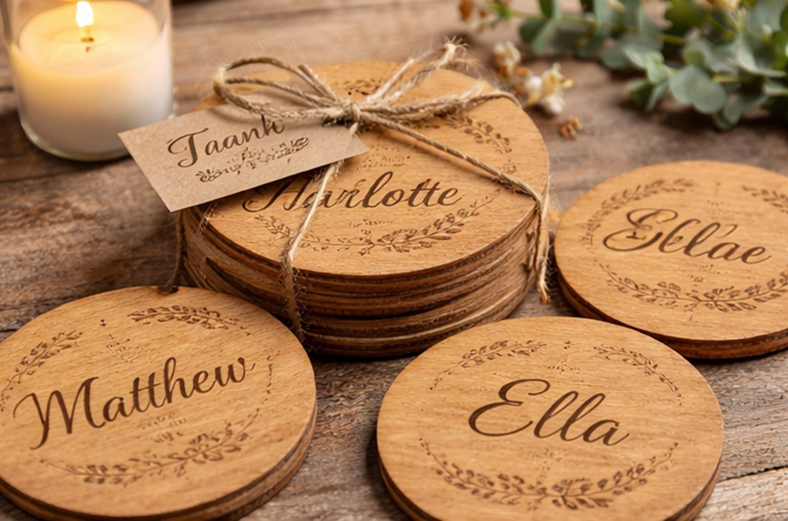 Wedding party gift box with engraved wooden coasters for bridesmaid groomsman maid of honour and mother of the bride