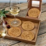Personalised engraved cork wedding coasters set with custom names and wedding date