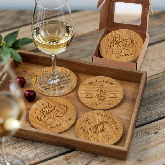 Personalised engraved cork wedding coasters set with custom names and wedding date