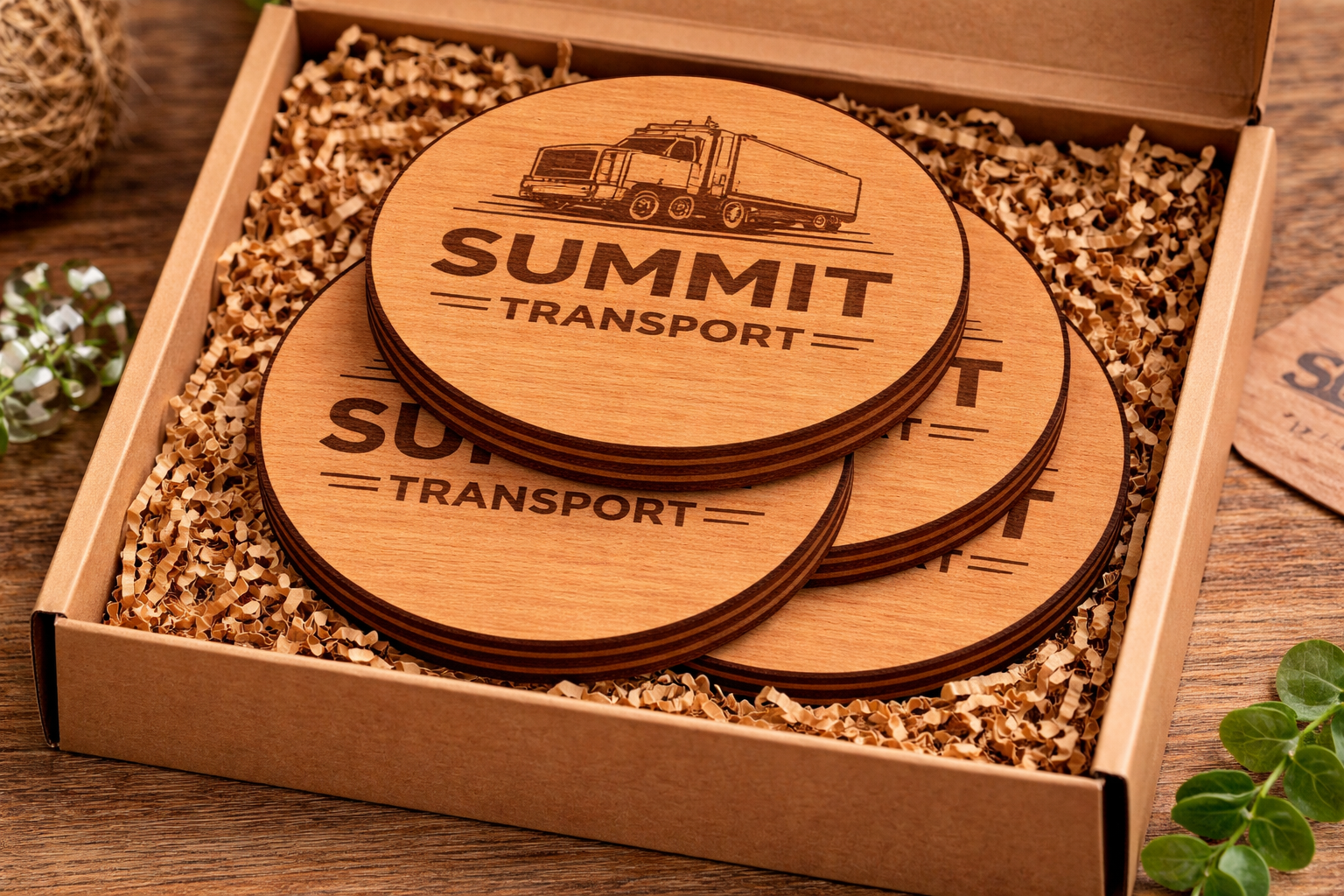 Laser engraved wooden coasters with company logo for corporate branding custom