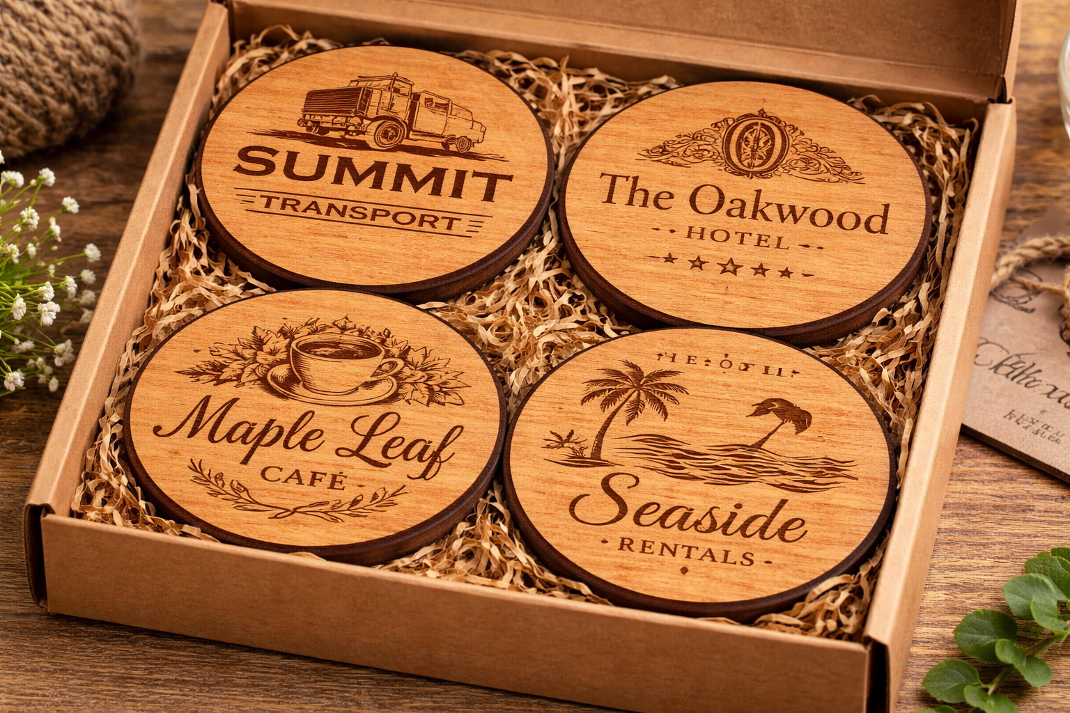 Custom business logo wooden coasters set for corporate branding and promotional gifts